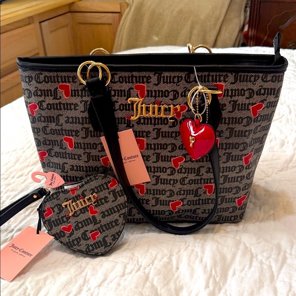 Juicy Couture Handbags - Juicy Couture Black and Red Heart Print Tote and matching wristlet set.